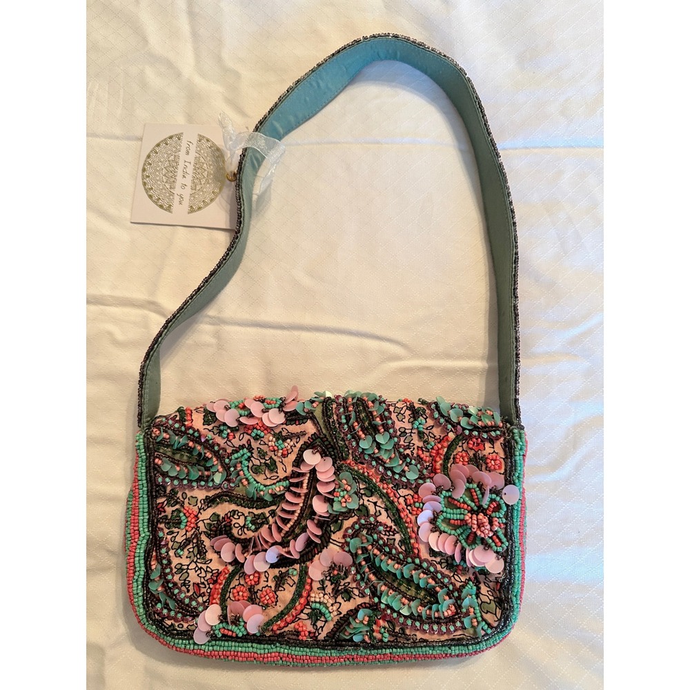 From India to You Beaded Sequin Paisley Shoulder Bag Pink Teal Floral NWT